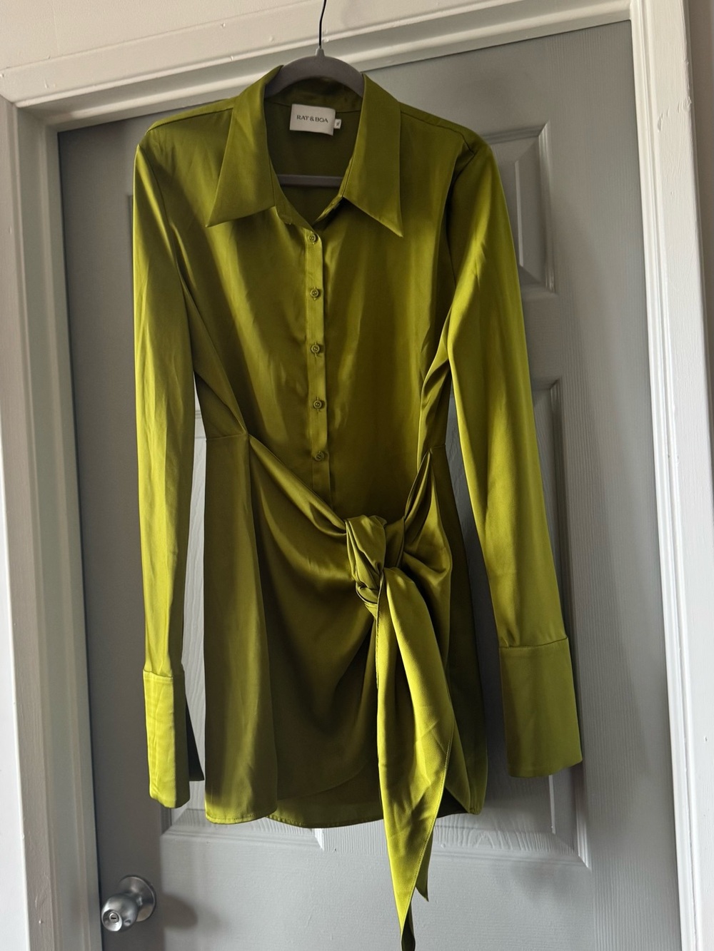 Rat & Boa Olive Satin Tie-Front Button Down Dress